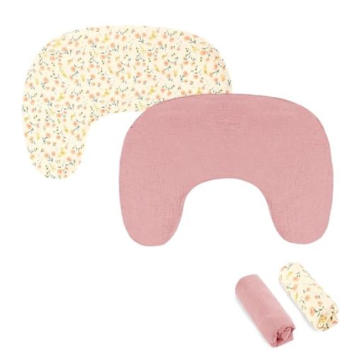 Hooyax Muslin New Nursing Pillow Covers 2 Pack, Soft and Breathable Nursing Covers for New-Designed Breastfeeding Pillows, Adorable Infant Feeding Pillow Slipcover for Baby Boy and Girls (Pink Flower)