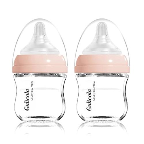 Gulicola Small Glass Baby Bottle for Newborn Breastfeeding Babies, Preemie & Extra Slow Flow Nipples (SS), Anti-Colic, Breast-Like, 0 Months+, 3 oz, 2 Pack - Pink