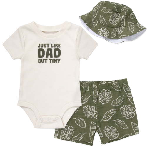 Baby Essentials Baby Boy 3 Piece Outfit Set with Bucket Hat, Spring & Summer Travel Baby Outfit Gift Set (6 months,Just Like Dad Green Palm Leaves)