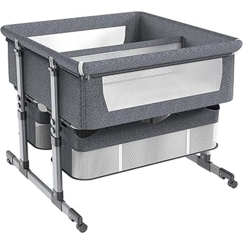 Twin Bassinet,Cosleeper Bassinet Bed Side Baby Bassinet with Storage Basket 6 Height Adjustable Anti-Emesis Side Sleeper Bassinet for Baby 1 to 36 Months Grey