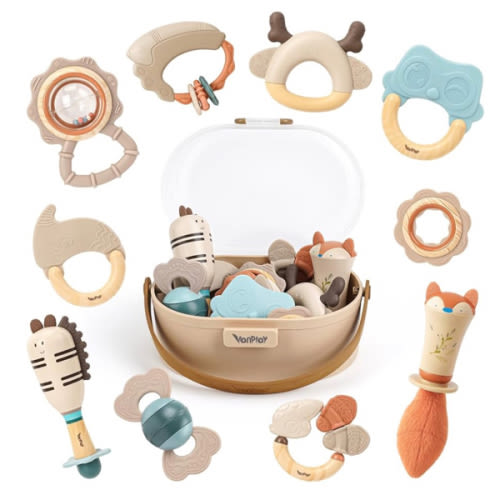 Baby Rattles & Teethers Set – Baby Toys 0-6 Months, Teething Toys 3-6 Months, Sensory Toys with Soft Textures, Gentle Sounds & Easy-Grip Shape, Neutral Newborn Gift(10-Pack)