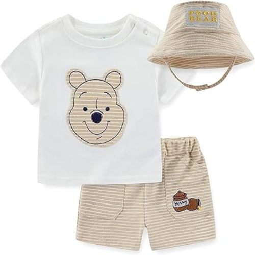 Disney Winnie the Pooh Baby Boys T-Shirt Shorts and Bucket Hat 3 Piece Set for Newborn and Infant
