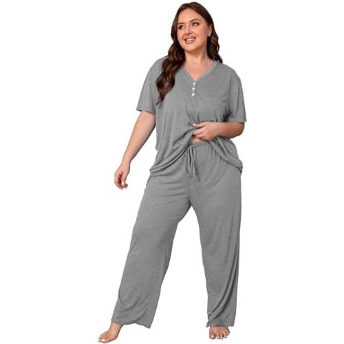 Vozanet Women's Plus Size Pajama Sets V Neck Pants Sets Solid Color Button Sleepwear Soft Loungewear Nighty with Pockets