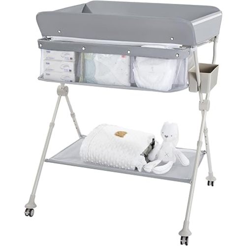 Diaper Changing Table Portable with Wheels Foldable Diaper Station Organizer & Storage Rack Newborn and Baby (Light Grey)