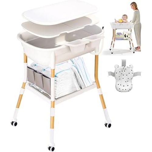 SENSUVA 2-in-1 Baby bath with Changing Table, Adjustable Height(86/89/92cm), Auto-Drain System, 360° Lockable Wheels, Spacious Storage Tray, Soft Comfort Pad & Bath Mat