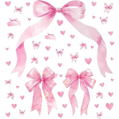 3 Large Pink Bow Wall Stickers and 97 Pcs Pink Heart Wall Decor