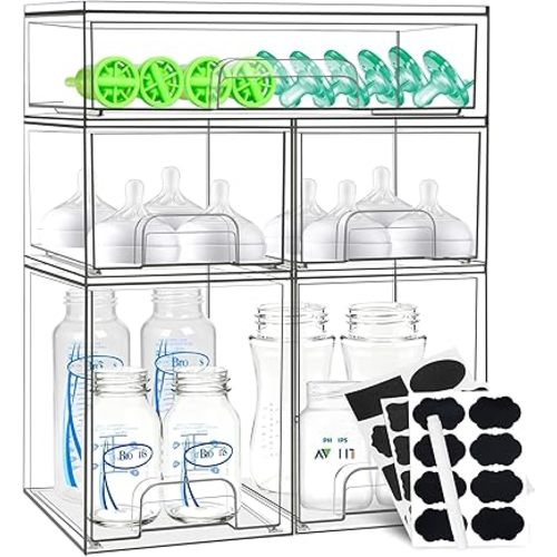 Baby Bottle Organizer, 5 Pack Stackable Storage Drawers with Labels, Clear Station Organizers Container for Pacifiers, Pump Parts, Desk Organizer Bins for Bathroom, Cabinet, Pantry, Vanity, Countertop