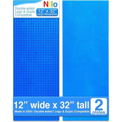 NILO Classic Blue Baseplate, 2-Pack 12"x32" Double-Sided, Large Building Plates for Building Bricks 100% Compatible with All Major Brands