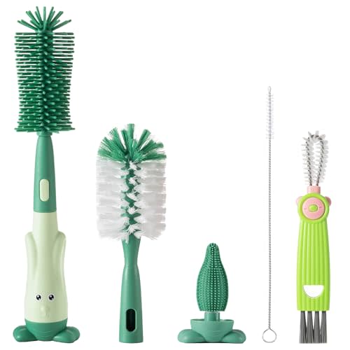 Ariseno 5-in-1 Baby Bottle Brush Set, Bottle Brush for Baby, Baby Bottle Scrubber, Including Silicone & Nylon Bottle Brush, Bottle Cap Brush, Straw Brush, Nipple Brush, BPA-Free (Green)