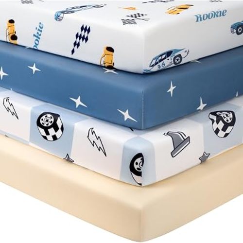 Baby Crib Sheets for Boys Girls, Toddler Bed Sheets Fitted for 52"x28" Standard Crib and Toddler Mattresses, 4 Pack Soft Breathable Stretchy Microfiber Starry Grand Prix