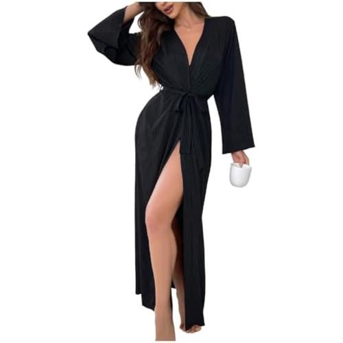 OYOANGLE Womens Long Robes Kimono Elegant Lightweight Knit V Neck Bathrobe Soft Sleepwear Casual Bath Robe