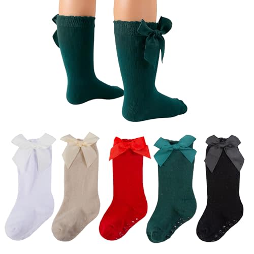 QHANSHIEE Baby Knee High Socks Girls Newborn Infants Toddlers Cotton Bow Ruffle Long Socks Non Slip Stockings Dress Socks