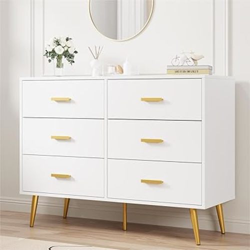 GarveeHome White Modern 6 Drawer Dresser with Gold Handles, Wooden Chest Dresser with Deep Drawers, Ample Storage Space, for Bedroom, Living Room and Entryway