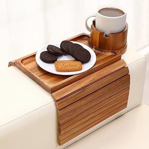 SINWANT Couch Cup Holder Tray,Acacia Wood Sofa Arm Clip on Tray Table with 360° Rotation Cup Holder,Foldable Anti-Slip Couch Armrest Table for Coffee Mug,Water Bottles,Snacks,Remote on Large Armrest