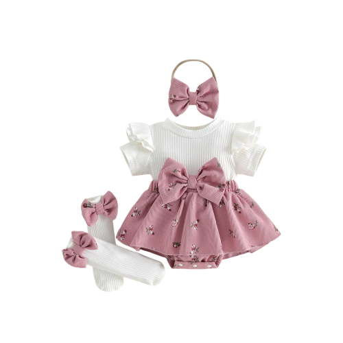 Lairauiy Newborn Baby Girls Romper Dress 3 6 9 12 Months Short Sleeve Skirt Jumpsuit + Long Socks + Headband Clothes Set