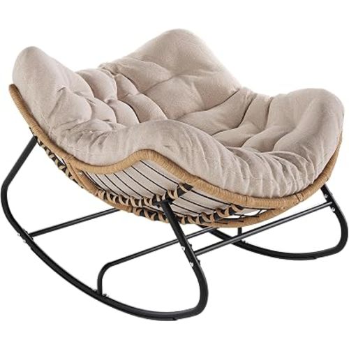 SWITTE Papasan Rocking Chair, Outdoor Wicker Egg Rocker with Cushion, Cream