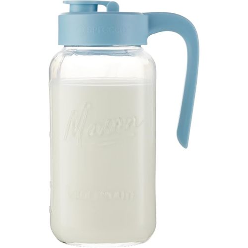 Mason Jar Pitcher - Airtight & Leakproof Glass Pitcher with Lid, Perfect for Breastmilk, Cold Brew, and Sun Tea, 2 Quart (64 oz) Mason Jar with Pour Spout Lid