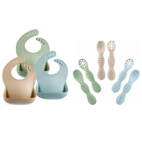 PandaEar Set of 3 Silicone Baby Bibs & 6 Pack Silicone Baby Spoons