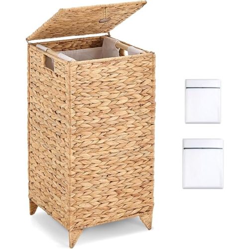 LGENHOOM Natural Hyacinth Laundry Hamper with Lid, Handwoven Heightened Feet Laundry Basket, Wicker Clothes Hamper with Removable Liner Bag for Clothes and Towels (Natural, 65L)