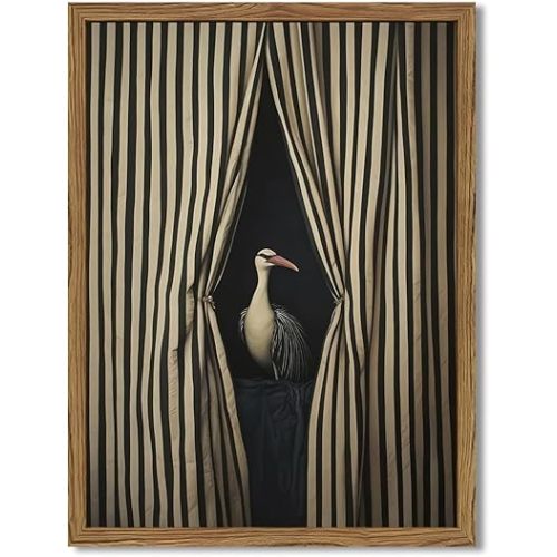 Framed Moody Crane Wall Art, Eclectic Vintage Bird Pictures Wall Decor Paintings, Surreal Humorous Animal with Black and White Striped Canvas Prints for Living Room Bedroom Bathroom Dorm 12x16 inch