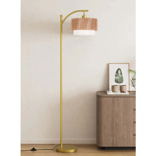 Rattan Arc Floor Lamp with 3-Color LED & Dual Shades – Adjustable & Modern