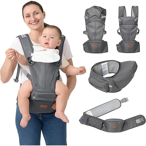 BabbleRoo Grow Carrier – Safety-Certified 6-in-1 Baby Carrier with Hip Seat, Ergonomic & Adjustable Toddler Carrier 7-50 lbs with Hip Support, Hood for Sun Protection, Newborn to Toddler, Gray