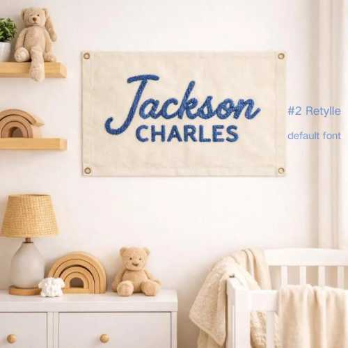 Custom Embroidered Baby Name Flag:Canvas Pennant Banner, Boho Nursery Wall Decor