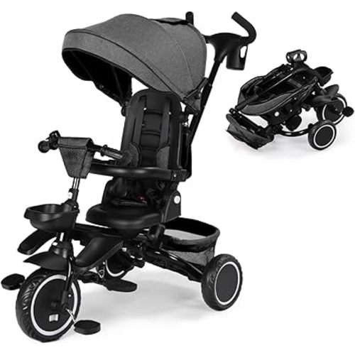 Kinder King Kids Tricycle, 8 in 1 Folding Toddler Trike w/Adjustable Push Handle, Rotatable Seat, Adjustable Canopy, Bell, Five-Point Harness, Storage, Toddler Stroller Bike for Age 6 Months+, Grey