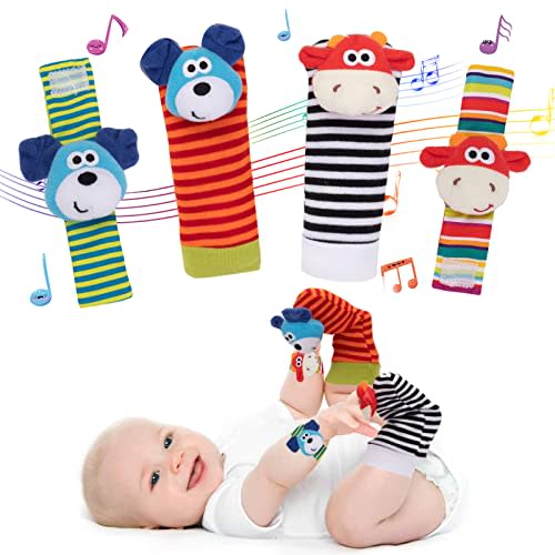 PADONISE 4 Pack Baby Wrist Rattles - Animal Socks Set for Toddlers 1-3, Early Learning Toys