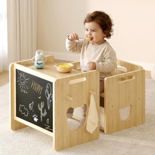 Montessori Weaning Table and Chair Set, Wooden Adjustable for Toddlers 1-3 | Toddler Table and Chair Set with Storage Box & Chalkboard, 2 Adjustable Height for Learning, Playing and Mealtime