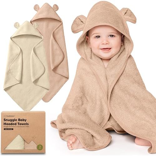 KeaBabies 2-Pack Hooded Baby Towels for Newborn - 30x30 Soft & Absorbent Viscose from Bamboo Baby Bath Towels with Hood for Infant, Toddler,Kids,Boys Girls,Newborn Bath Essentials (Almond, Petite)