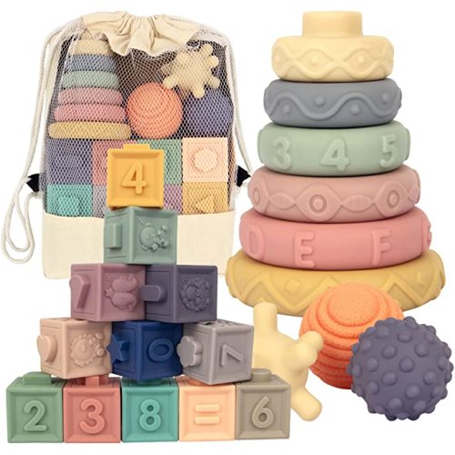 21PCS Montessori Toys for Babies,Teething Toys for Babies Months, 6 Months+, Early Educational Learning Stacking Tower, Sensory for Toddlers 1-3, Soft Rings Stacker & Teethers - 21pcs