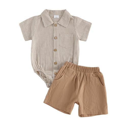 Sasaerucure Baby Boy Summer Outfit Striped Button Down Short Sleeve Romper Solid Shorts 3 6 12 18 Months Boys Clothes