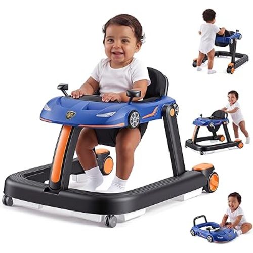 4-in-1 Baby Walker, Foldable Activity Walker with Adjustable Height and Speed, Music, Removable Activity Tray, Anti-Slip Protection, Baby Walker with Wheels for Boys Girls 6-18 Months (Blue)