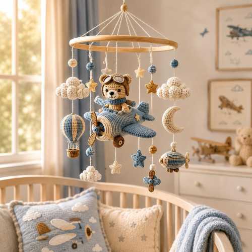 Crochet Airplane Baby Mobile, Cute Bear Pilot Crib Mobile, Aviation Nursery Decor, Hot Air Balloon Baby Shower Gift