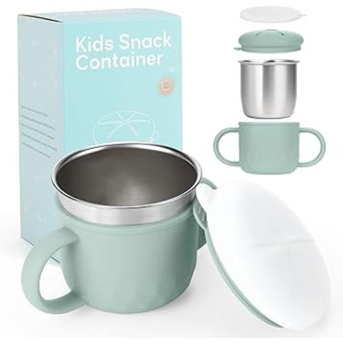 Toddler Snack Containers Stainless Steel Spill-Proof Snack Containers for Toddlers with Spill-Proof Silicone Lids and Handles 4-in-1 Baby Snack Cup is Dishwasher Safe for Easy use On The Go（Green）