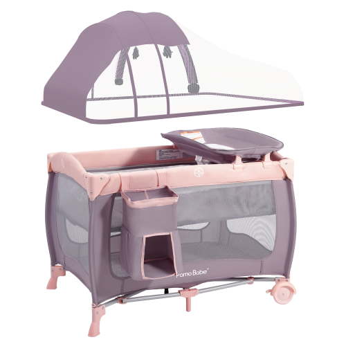 Pamo Babe Baby Playard, Foldable Changing Table, Wheels, Canopy for Newborn, Four-Panels