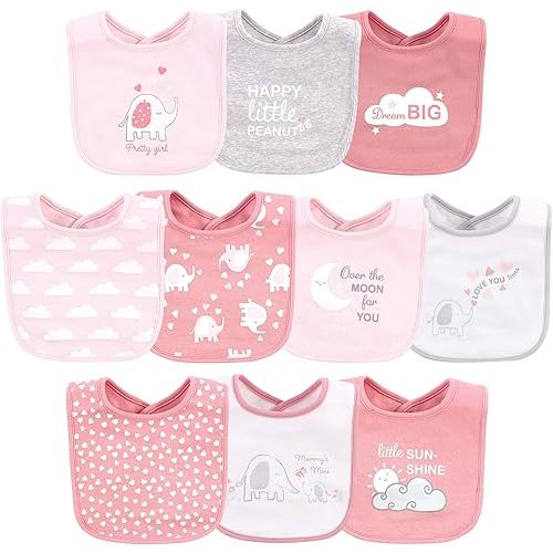 Luvable Friends Unisex Baby Interlock Cotton Drooler Bibs, Girl Basic Elephant, One Size
