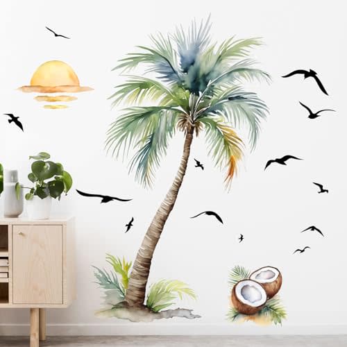 Supzone Palm Tree Wall Decals Tropical Spring Summer Plant Sunset Boho Beach Wall Stickers Peel and Stick Wall Art Decor for Baby Nursery Classroom Living Room Bedroom Office Gifts for Mom
