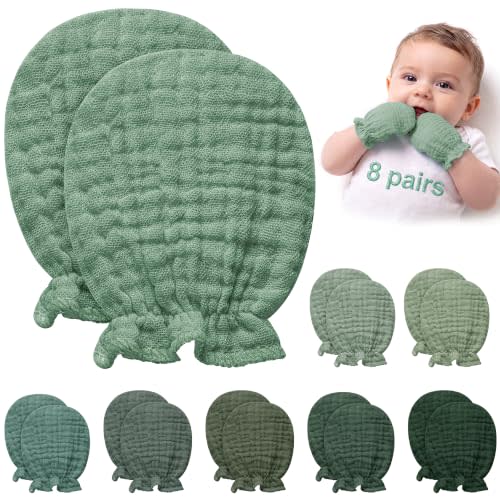 Pro Goleem 8 Pairs Muslin Baby Mittens, Newborn No Scratch Gloves | Soft Cotton Breathable Infant Hand Covers with Adjustable Elastic Wrist, Boys and Girls Baby Essentials Gift Set, 0-6 Months