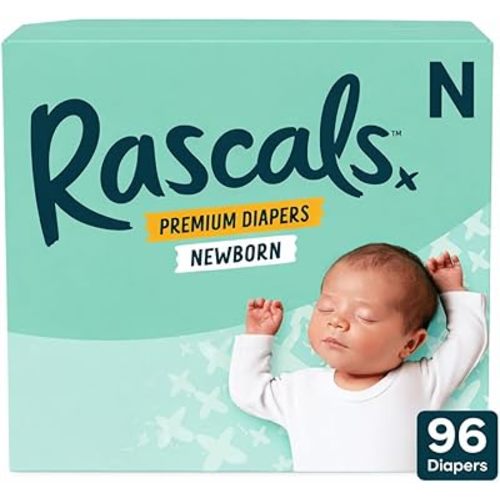 Rascals Premium Disposable Baby Diapers Newborn (96 Count) with 5 Sensitive Infant Wipes, Absorbent Core, Up to 12 Hours Protection, Gentle on Skin, Secure Fit