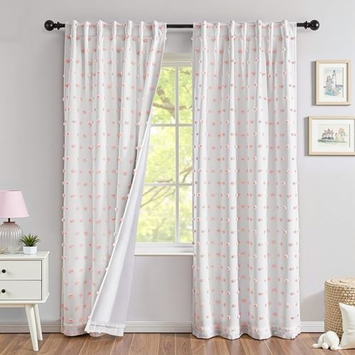 MYSKY HOME Pink Blackout Curtains for Girls Bedroom 84 Inches Long Total Light Blocking Girl Room Curtain 2 Panels Room Darkening Back Tab Window Drapes with Pom Pom Sheer 52W x 84L