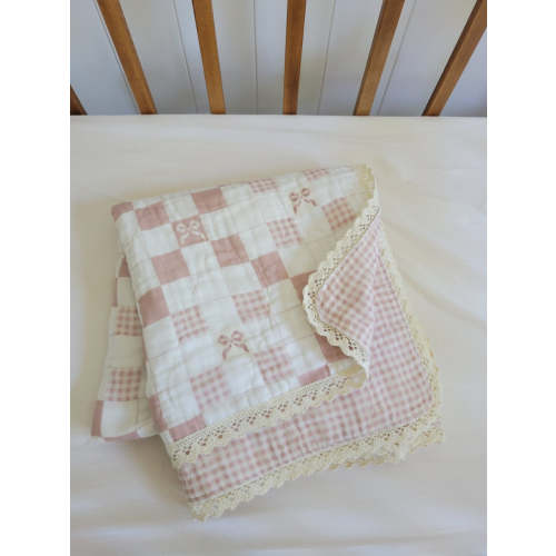 Pink Bows and Gingham QUILTED 6 Layer Gauze Blanket