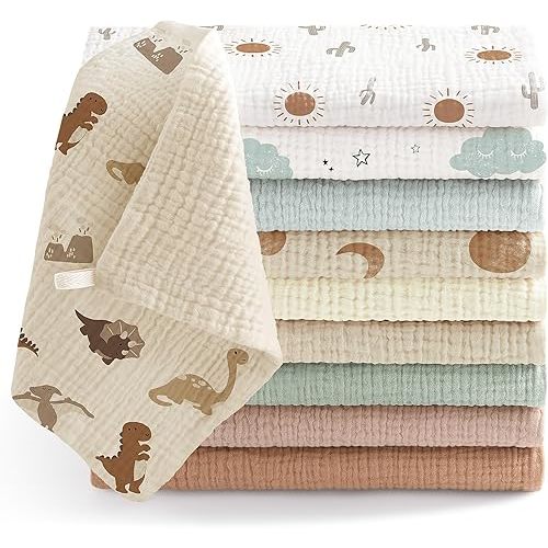 Bearmoss Muslin Baby Washcloths 100% Cotton Bath Wash Cloth Large Burp Cloth Baby Face Towel for Newborn Baby Boy Girl, 10x10inch 10Pack (Dinosaur)