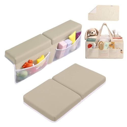 Bath Kneeler and Elbow Rest Pad (Beige) and Teddy Diaper Caddy with Changing Pad (Beige) Bundle