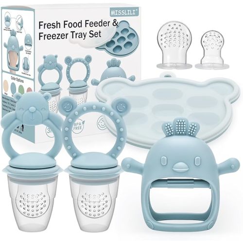 4 Pack Silicone Teething Mitten for Babies with Baby Fruit Food Feeder & Freezer Tray Set, BPA Free Infant Teething Relief Toy for 3 Month+, Additional Silicone Sacs