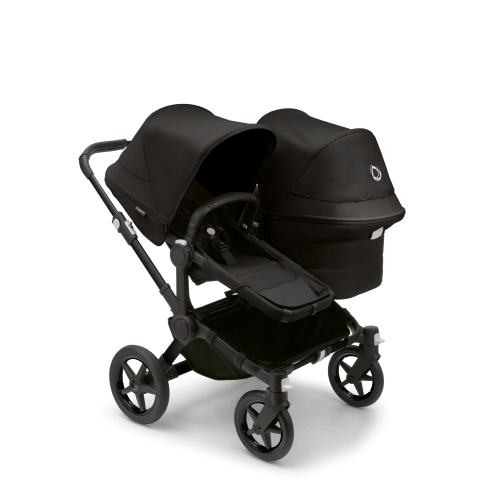 Bugaboo Donkey 5 Duo bassinet and seat stroller black base, midnight black fabrics, midnight black sun canopy