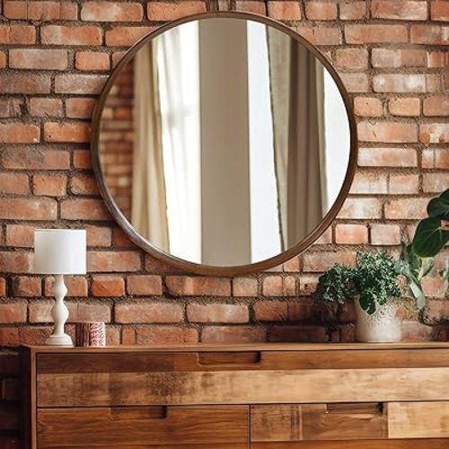 Brown Wood Round Mirror, 24 Inch - Perfect for Bathroom or Nursery Wall Decor