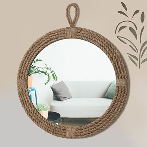 Nautical Mirror 20" Wall Decor with Rope Wrapped Trim and Hanging Loop Round Circle Coastal Boho Mirror Nautical Rustic Decorative for The Living Room, Bedroom Bathroom and Entryway