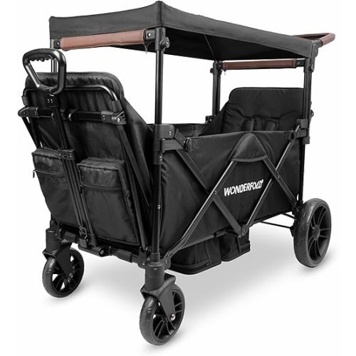 WONDERFOLD X2R Rev Stroller Wagon (2 Seater) - Collapsible Stroller Wagon with 5-Point Seatbelt Harnesses, Reclining Seats & Footwells, Black